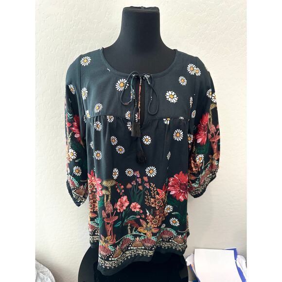 NATURAL LIFE | Maribel Floral Boho Peasant Top Black Daisy Mushroom NWT | Small - Picture 3 of 8